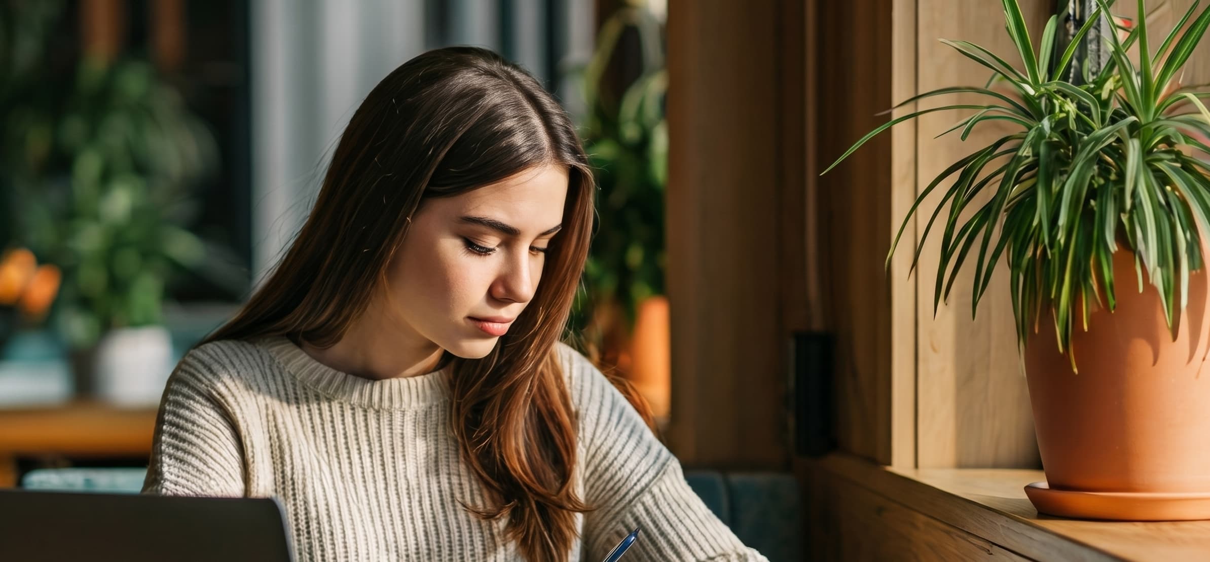 Young woman studying at a laptop